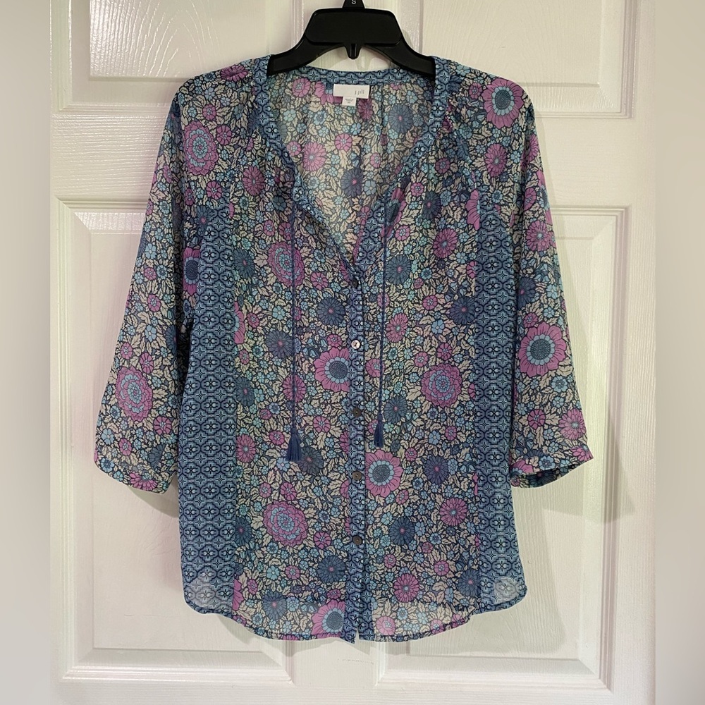 J Jill Women’s Size XS Blue Floral Sheer Peasant Blouse 3/4 Sleeve Button Up